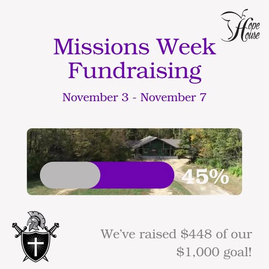 May be an image of text that says 'HBT Missions Week Fundraising November 3 . November 7 45% t We've raised $448 of は our $1,000 goal!'